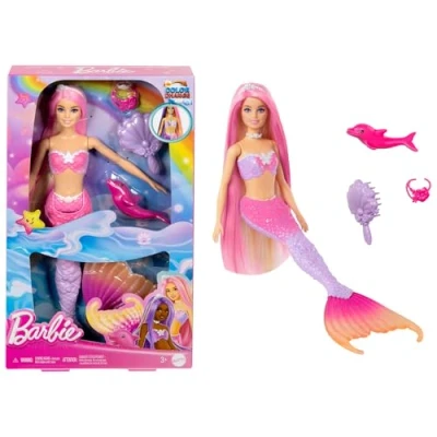 Abbildung von BARBIE Meerjungfrau Puppe Inspiriert von der Fernsehserie &quot;Barbie Ein verborgener Zauber&quot;, mit Farbwechseleffekt und Zubehör, 19 cm lange pinke Haare zum Stylen, für Kinder ab 3 Jahren, HRP97