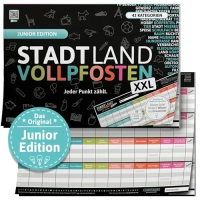 Abbildung von DENKRIESEN Stadt Land VOLLPFOSTEN® Junior Edition &#039;Jeder Punkt zählt&#039; A3 Kinderspiel Familienspiel Fluss Spielblock Geschenkidee