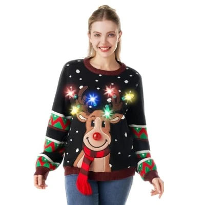 Abbildung von JOYIN Womens LED Light Up Reindeer Ugly Christmas Sweater Eingebaute Glühbirnen (Schwarz, Small)