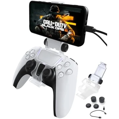 Abbildung von Joso PS5 Controller Phone Mount Clip, Clip Halterung für DualSense Wireless Controller, Unterstützung iPhone, Android mit PS Remote Play OTG USB Typ C &amp; Micro Kabel, 4 Daumen Griffkappen