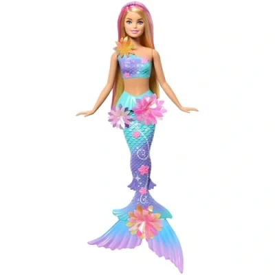Abbildung von Barbie Meerjungfrauen Spielzeugpuppe mit magischer Überraschungsblüte, Schwanzflosse Farbverlauf, perlenbesetztem Haarreif und langem blonden Haar rosa Strähchen, JDM72