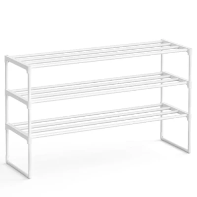 Abbildung von SONGMICS Schuhregal 3 Ebenen, Schuhständer Metall, Schuhaufbewahrung, Schuh Organizer, aufrecht oder umgedreht, für 16 20 Paar Schuhe, stapelbar, Flur, 30 x 92 55 cm, perlweiß LSA303W03