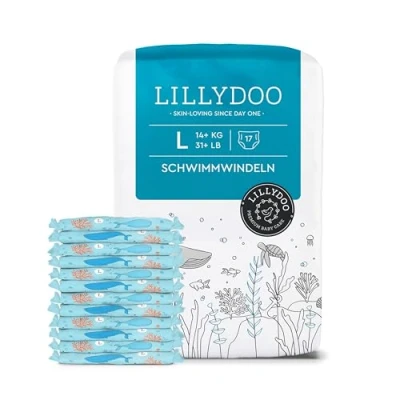 Abbildung von LILLYDOO hautfreundliche Einweg Schwimmwindeln für Babys, Größe L (14+ kg), 1 Packung (17 Stück) mit Unterwasser Design, Windeln sicheren Schutz im Wasser