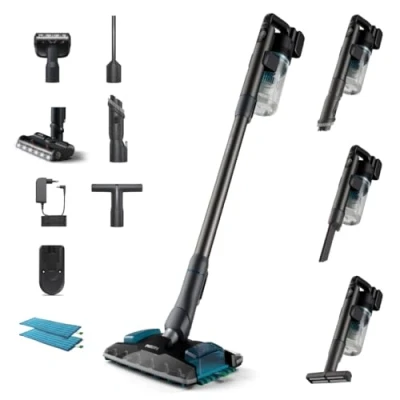 Abbildung von PHILIPS Kabelloser Akku Staubsauger 8000 Serie Aqua Plus, Staubsaugen und Wischen, PowerCyclone 12, bis zu 80 Min Laufzeit, präzise LED Düse, Digitales Display, mit 5 Zubehörteilen, Blau (XC8055/01)