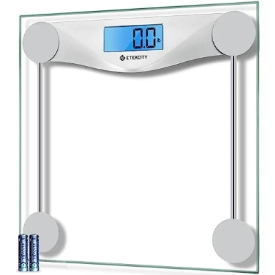 Abbildung von ETEKCITY Personenwaage digital, Gewichtswaage mit großer blauen LCD Hintergrundbeleuchtung, hochpräzise Messungen, 6 mm gehärtetes Glas, 180 kg, Silber, 1 Stück (1er Pack)