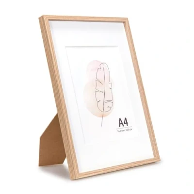 Abbildung von KAIWIN Bilderrahmen A4 Eichenholz Holz Fotorahmen 1er Set mit Passepartout zum aufhängen und aufstellen Benutzt für Wohnzimmer, Schlafzimmer, Arbeitszimmer, Fotos, Kunstwerke Poster
