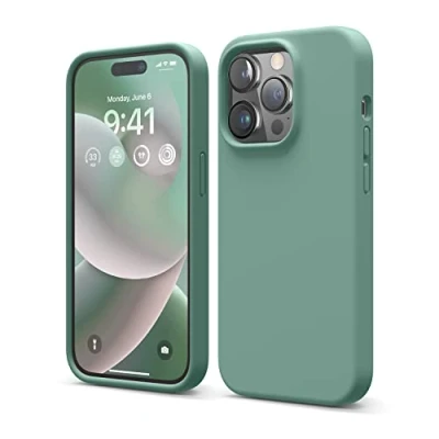 Abbildung von elago Schutzhülle für iPhone 14 Pro, Flüssigsilikon, Ganzkörper Schutzhülle, stoßfest, schlanke Handyhülle, kratzfestes weiches Mikrofaserfutter, 6,1 Zoll (Mitternachtsgrün)