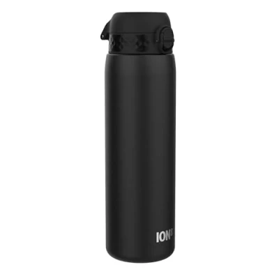 Abbildung von Ion8 1.2 Liter Edelstahl Trinkflasche, Auslaufsicher, Einhandöffnung, Sichere Verriegelung, Spülmaschinenfest, Klappdeckel, Tragegriff, Leicht zu Reinigen, Langlebig &amp; Kratzfest, Schwarz