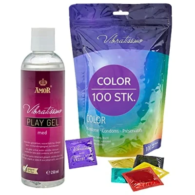 Abbildung von VIBRATISSIMO Color Kondome 100er Pack &amp; Gleitgel Set I gefühlsecht extra feucht Condoms for Men im wiederverschließbaren Beutel in rot, schwarz, grün, gelb, gold