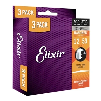 Abbildung von Elixir Strings, Akustikgitarrensaiten, 80/20 Bronze mit NANOWEB Beschichtung, langlebiger Ton angenehmem Spielgefühl, 3er Pack, Light 12 53