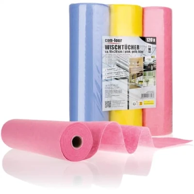 Abbildung von com four® 120x Haushaltstücher auf Rollen in 3 Farben extrem saugfähige und strapazierbare Reinigungstücher aus Viskose Wiederverwendbare Allzweck Wischtücher (18x28 120 Stück Rolle)