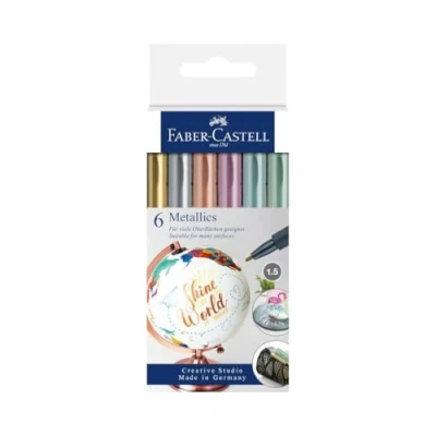 Abbildung von FABER CASTELL 160706 Metallics Marker mit Faserspitze, 1,5 mm Strichstärke, für viele Oberflächen geeignet, Metalliceffekt in gold, silber, bronze, lila, blau und grün, 6er Set