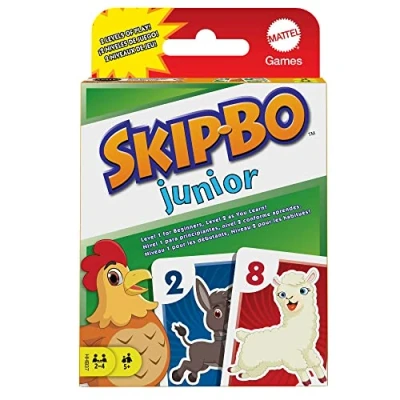 Abbildung von Mattel Games Skip BO Junior Kartenspiel mit 2 Spielniveaus, 112 Karten, unterhaltsames Reihenfolgespiel für bis 4 Spieler ab 5 Jahren, HHB37