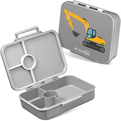 Abbildung von My Vesperbox Bia Bento Box Kinder NEU VERSTÄRKTE VERSCHLÜSSE Auslaufsicher &amp; BPA Frei extrem robust Lunchbox Brotdose ideal für Kindergarten und Schule… (Grau Bagger)