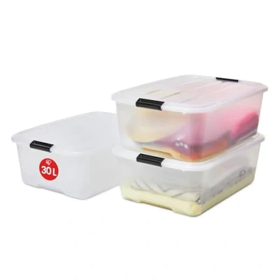 Abbildung von Iris Ohyama Aufbewahrungsbox mit Deckel, 30L, 3er Set, Transparent, Schnappverschlüsse Griffen, Stapelbar, Stark &amp; Langlebig, Für Kleidung, Garage, Zuhause, Büro, Plastikbox, Lagerung TB 30