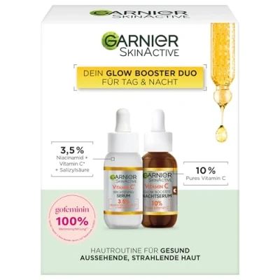 Abbildung von Garnier Vitamin C Glow Booster Serum Duo für Tag &amp; Nacht, Mit Anti Dark Spot und Brightening Night gegen dunkle Flecken müde Haut, Vegane Formel, SkinActive, 2 x 30 ml