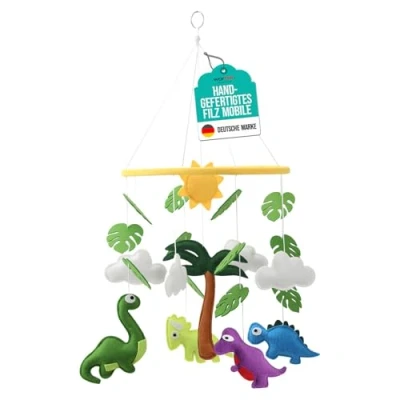 Abbildung von wortek Mobile Baby Babybett Wickeltisch mit Dinos aus Filz für Bett Windspiel zum Aufhängen Babymobile Bettglocke Babyzimmer Deko Junge und Mädchen