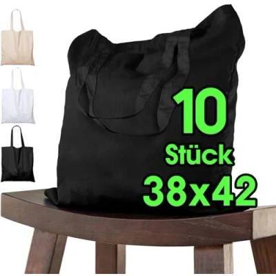 Abbildung von Baumwolltasche 38x42 cm unbedruckt, 10 Stück Zwei KURZE Henkel OEKO TEX® zertifiziert Stofftasche, Tragetasche, Baumwollbeutel, Einkaufstasche, Jutebeutel, Stoffbeutel Einkaufsbeutel bemalen Schwarz