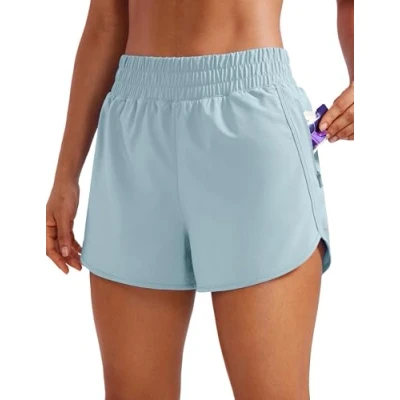 Abbildung von CRZ YOGA Damen Kurz Sporthose Laufhose High Waist Fitness Sport Shorts Kurze Hose mit Reißverschlusstasche Hellgraublau 40