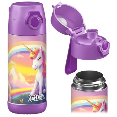 Abbildung von JARLSON® Trinkflasche Kinder &quot;MALI&quot; Thermo Edelstahl Wasserflasche BPA frei auslaufsicher Kinderflasche mit Chug Deckel Flasche für Schule, Kindergarten Einhorn 2.0, 350 ml