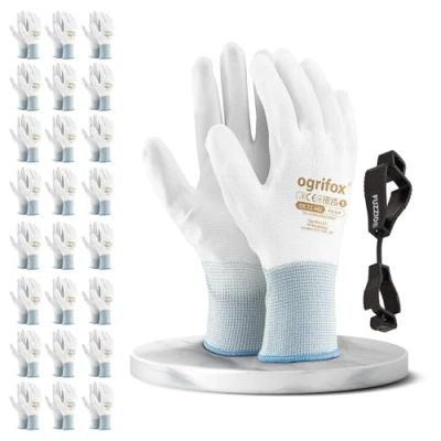 Abbildung von FUZZIO 24 Paar Ogrifox PU besichtet Arbeitshandschuhe Handschuh Klammern (L (24er Pack), Weiß)