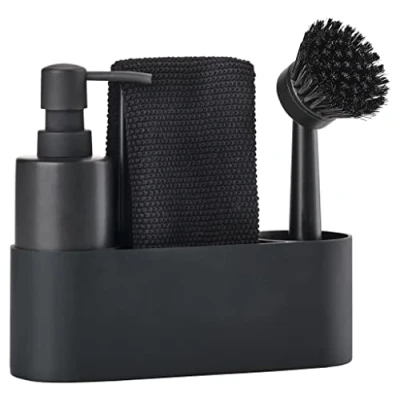 Abbildung von Zone Denmark Singles Spülbecken Organizer, Spüle Abwasch Organizer mit Spülbürste, Spülmittelspender, Abwaschlappen &amp; Spültuchhalter, 22 x 6,7 19 cm, 4 Teile, Schwarz