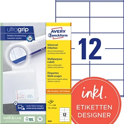 Abbildung von AVERY Zweckform 3424 Adressaufkleber (1.200 Klebeetiketten, 105x48mm auf A4, Papier matt, individuell bedruckbare Absenderetiketten, selbstklebende Adressetiketten mit ultragrip) 100 Blatt, weiß
