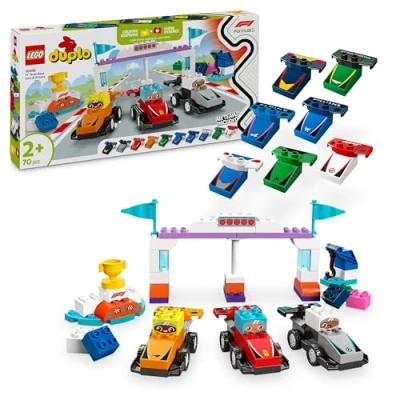 Abbildung von LEGO DUPLO Town F1 Team Rennautos mit Rennfahrern, Bauspielzeug für die ganze Familie, fantasievolles Spielerlebnis, Geburtstagsgeschenk Kleinkinder, Jungen und Mädchen ab 2 Jahren 10445