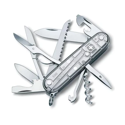 Abbildung von Victorinox Schweizer Taschenmesser Huntsman, Multitool, Swiss Army Knife mit 15 Funktionen, Klinge, Korkenzieher, Dosenöffner, Faltschachtel, Silber Transparent