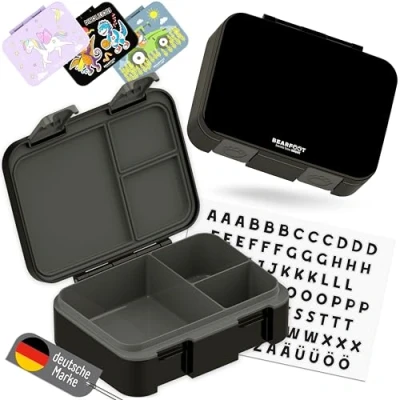 Abbildung von BEARFOOT Bento Box COMPACT BPA freie Kinder Brotdose für Schule &amp; Kindergarten Auslaufsichere Lunchbox Mädchen Jungen Praktisch, leicht kompakt (Schwarz, 650ml)