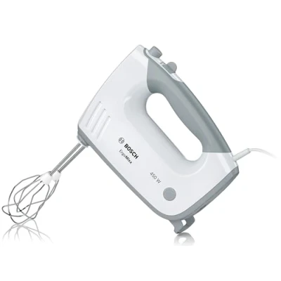 Abbildung von Bosch Hausgeräte ErgoMixx MFQ36400, 2 Rührbesen, Edelstahl Knethaken, spülmaschinengeeignet, 5 Stufen plus Turbostufe, 450 W, weiß