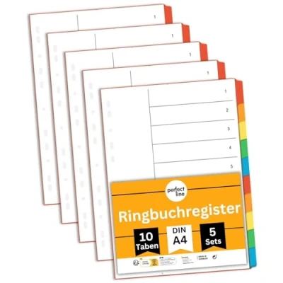 Abbildung von perfect line Ordner Register DIN A4, 10 teilig, 5er Set, Karton, Made in Germany, Blauer Engel zertifizert
