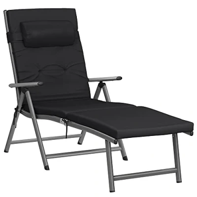 Abbildung von SONGMICS Liegestuhl, Sonnenliege mit 6 cm Dicker Matratze, aus Aluminium, rutschfest, atmungsaktiv, neigbar, maximale Belastung 150 kg, schwarz, GCB24BK