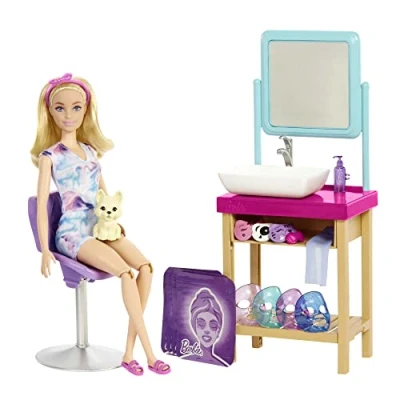 Abbildung von Barbie Self Care Series, Sparkle Mask Spa Day, Puppe mit blonden Haaren, Welpe, 7 Masken, 15+ Teile, Accessoires, Geschenke für Kinder ab 3 Jahren,HCM82