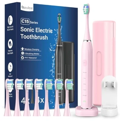 Abbildung von Elektrische Zahnbürste Schallzahnbürste für Erwachsene Whitening Ultraschall Zahnbürsten Elektrisch Mit Reiseetui und Ladestation, Electric Toothbrush 8 Bürstenköpfe, 5 Putzmodi, 40000VPM