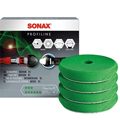 Abbildung von SONAX SchaumPad medium 85 mm (4 Stück) mittelharter, offenporiger Polierschwamm zum maschinellen Polieren von Lacken / Art Nr. 04942410