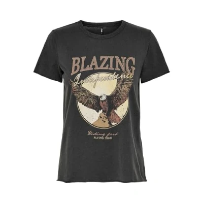 Abbildung von ONLY Damen Bedrucktes T Shirt Kurzarm Basic Rundhals Top mit Schrift Printed Shortsleeve ONLLUCY, Farben:Grau, Größe:M