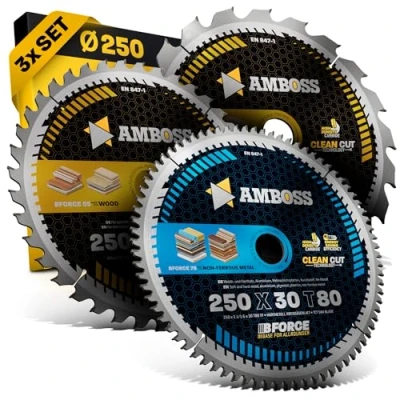 Abbildung von Ø250 x 30Hand Kreissägeblatt Set passend für Mafell Erika 85 EC, Dewalt DWE 7492 uvm. AMBOSS WERKZEUGE® 250x30 Sägeblatt Sortiment