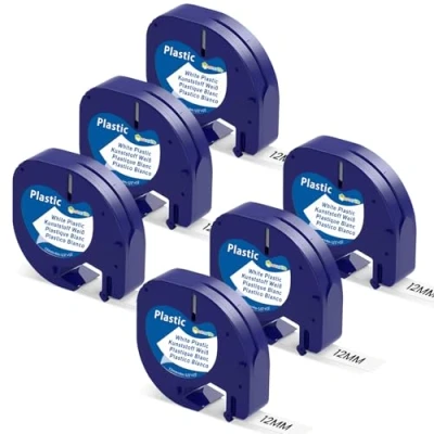 Abbildung von Plastic White 12mm x 4m Etikettenband Kompatibel mit Dymo LetraTag a91221 LT 100H,200B,XR,LT 110T,QX50,2000,XM Wasserfest UV BeständigEtikettenband 6er Pack
