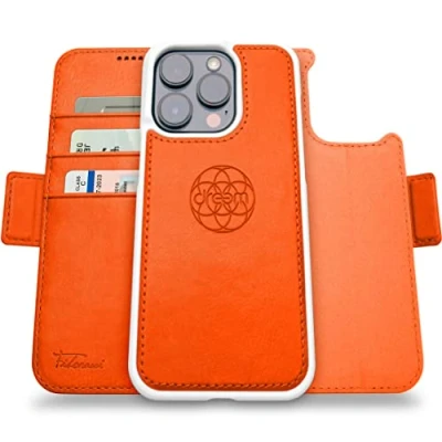 Abbildung von Dreem Fibonacci iPhone 14 Pro Geldbörsen Hülle / 2 in 1 Stoßfestes MagSafe Case und abnehmbares Luxus Vegan Leder Folio mit RFID Kartenschutz Ständer; für Frauen Männer Orange