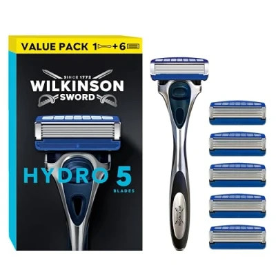 Abbildung von Wilkinson Sword Hydro 5 Rasierer für Männer, Rasiergriff + 6 Rasierklingen, Feuchtigkeitsspendende Gel Pools und umklappbarer Trimmer