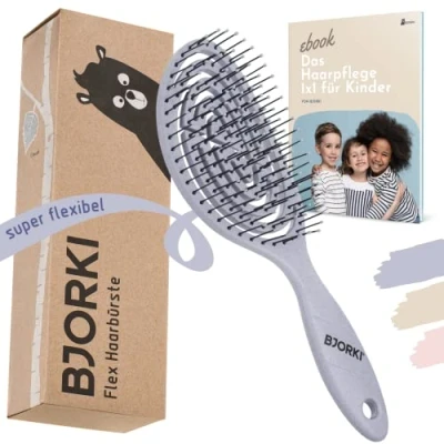 Abbildung von BJORKI® Kinder Haarbürste ohne Ziepen inkl. lehrreichen Bürsten 1x1 Profi Detangler Bürste mit flexibler Spiralfeder, Unsere Entwirrbürste für gegen Knoten und Spliss (Cloud)