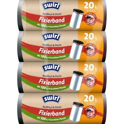 Abbildung von Swirl Reißfest &amp; Dicht Fixierband Müllbeutel 20 l (4 x 15 Beutel), tropfsichere Müllsäcke für den Hausmüll, reißfeste Mülltüten sicheren Halt am Mülleimer