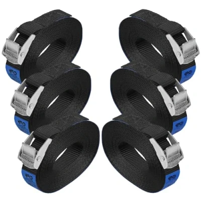 Abbildung von Zurrgurt Spanngurt belastbar bis 250 kg DIN EN 12195 2 Befestigungsgurt Klemmverschluss Befestigungsriemen schwarz Verschiedene Längen Stückzahlen, 6er Pack 2.5 cm x m