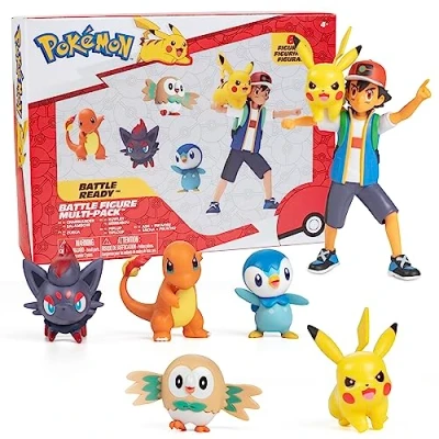 Abbildung von Pokémon Battle Ready! Figuren Set 6 Stück 11,4 cm Ash &amp; Launching Pikachu, 5,1 Charmander, Rowlet, Piplup, Zorua Offiziell lizenziert Osterkorb Stuffer Geschenk für Kinder Jungen Mädchen