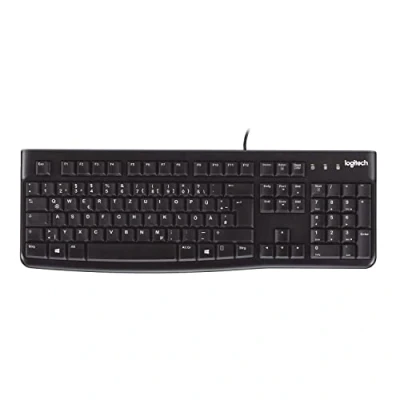 Abbildung von Logitech K120 Kabelgebundene Tastatur für Windows, USB Anschluss, Leises Tippen, Robust, Spritzwassergeschützt, Einstellbare Tastaturaufsteller, Schweizer QWERTZ Layout Schwarz