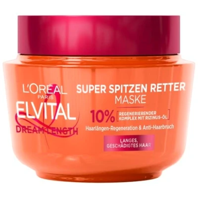 Abbildung von L&#039;Oréal Paris Elvital Anti Spliss Haarmaske für langes, geschädigtes Haar, Intensive Haarkur zum Ausspülen, Mit pflanzlichen Vitaminen und Rizinus Öl, Dream Length Super Aufbau Maske, 1 x 300 ml