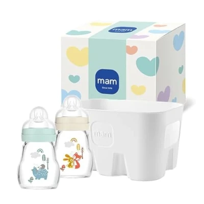 Abbildung von MAM Feel Good Combi Set, 2x Babyflasche aus Glas (170 ml), Baby Erstausstattung mit Sauger Gr. 1 und Flaschenkorb, Geschenk ab der Geburt, Bär/Fuchs