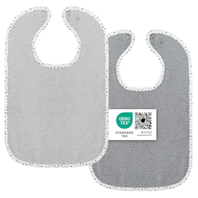 Abbildung von Wörner Baby Lätzchen 2er Set 2x Kinderlätzchen mit Druckknopf / 100% Baumwolle, OEKO TEX® Standard 100, größenverstellbar, sehr saugfähig Sterne Grau