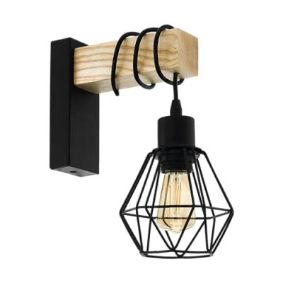 Abbildung von EGLO Wandlampe Townshend 5, Vintage Wandleuchte im Industrial Design, Retro Lampe aus Stahl und Holz, Farbe Schwarz, braun, Fassung E27, FSC zertifiziert